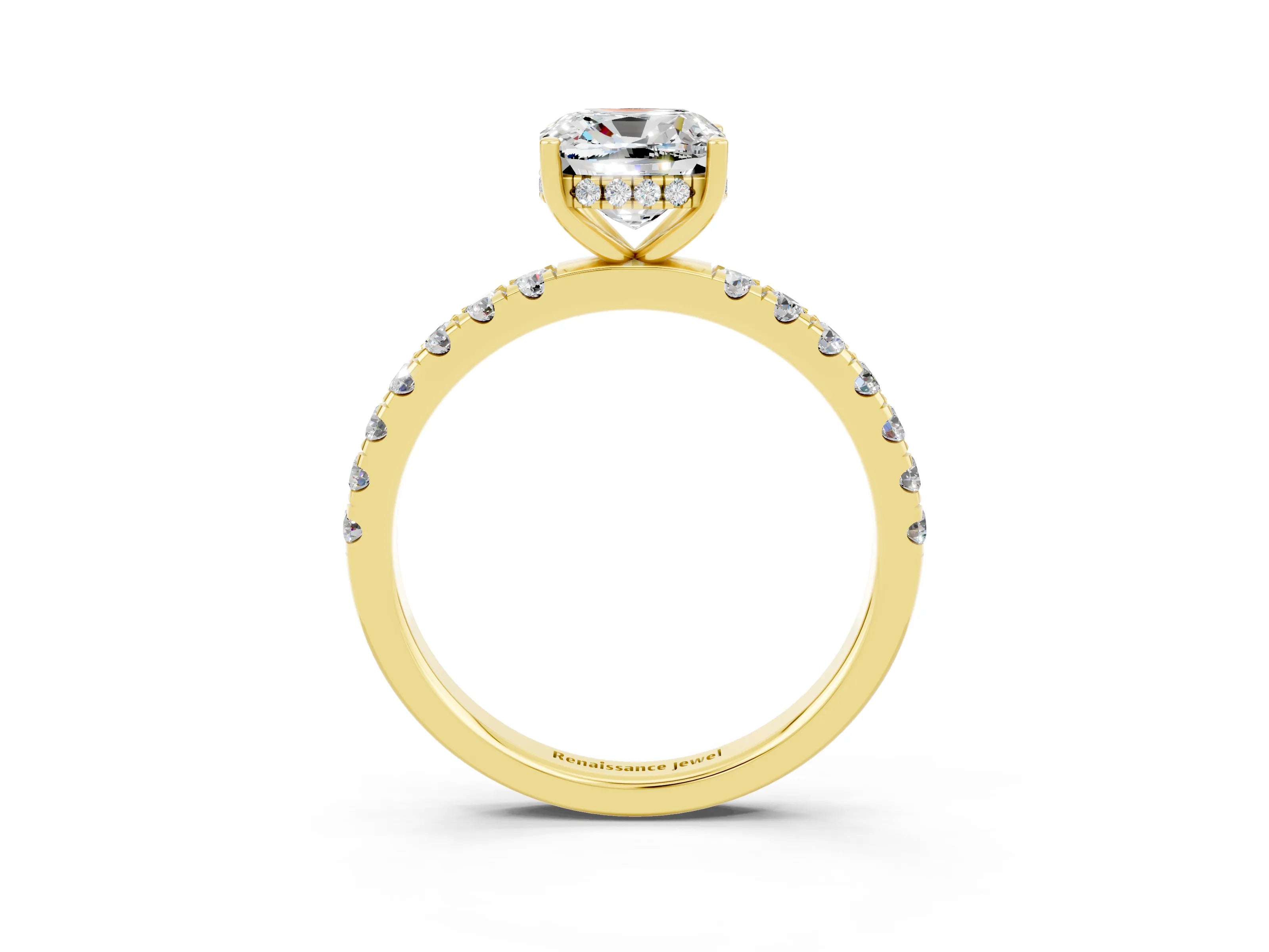Yellow gold Cushion Cut Moissanite Pave Band Solitaire Ring with Four-Prong Setting_27