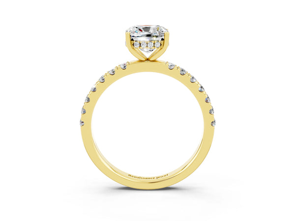 Yellow gold Cushion Cut Moissanite Pave Band Solitaire Ring with Round  and Prong Setting
