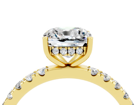 Yellow gold Cushion Cut Moissanite Pave Band Solitaire Ring with Four-Prong Setting_28