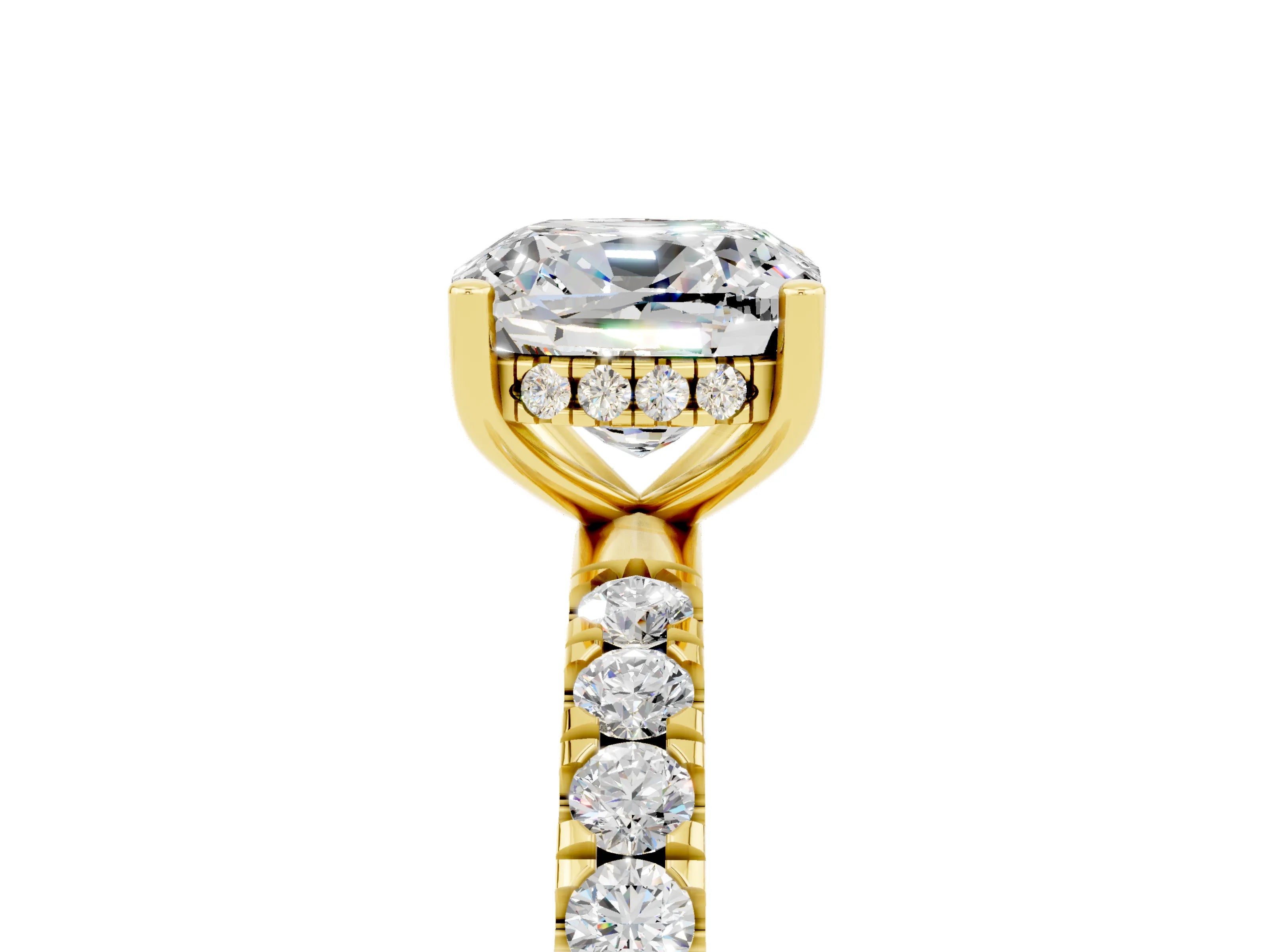 Yellow gold Cushion Cut Moissanite Pave Band Solitaire Ring with Four-Prong Setting_29
