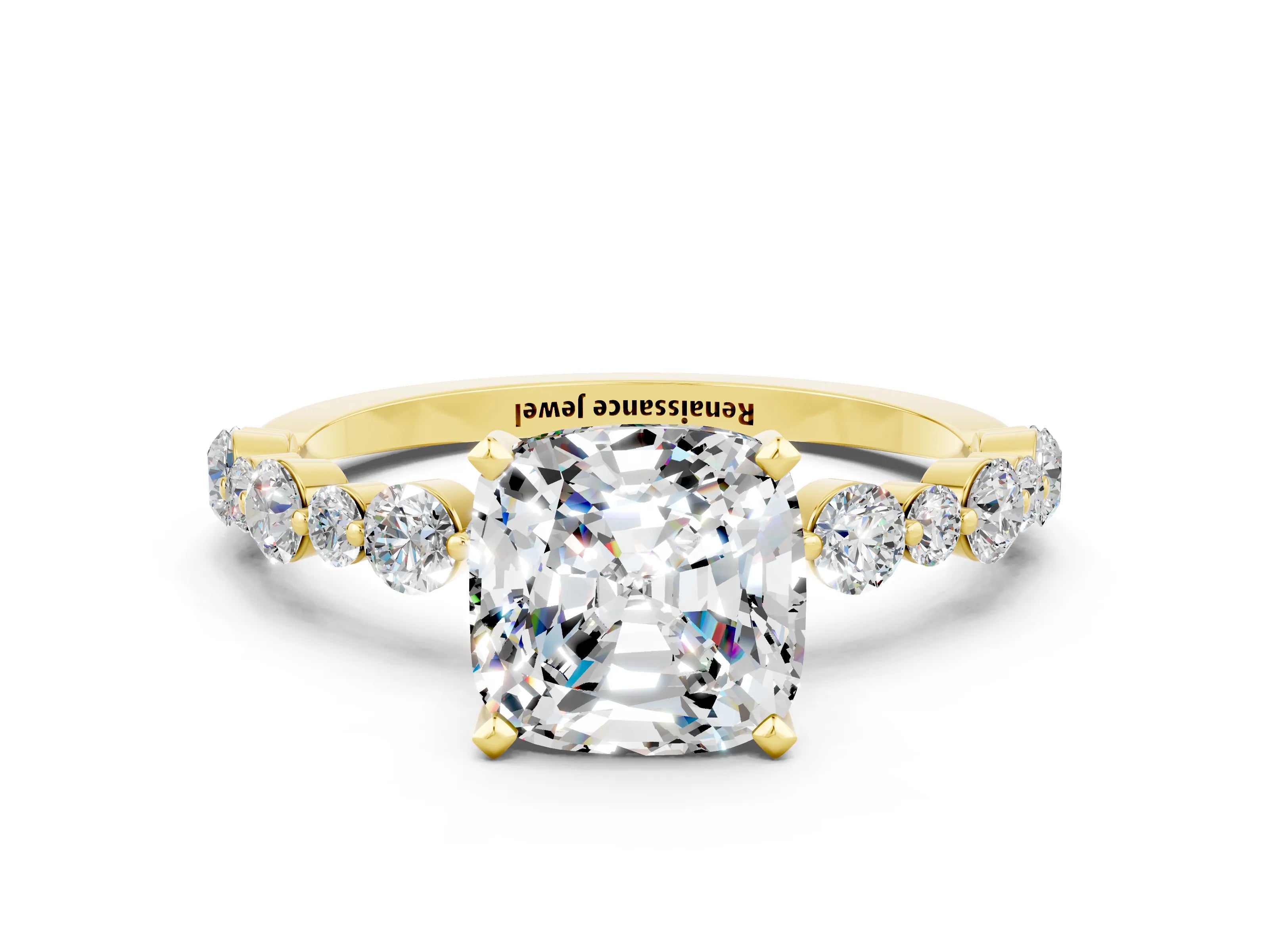 Yellow gold Cushion Cut Moissanite Prong Set Engagement Ring with Pavé Band