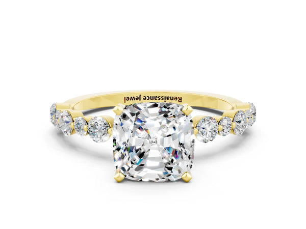 Yellow gold Cushion Cut Moissanite Prong Set Engagement Ring with Pavé Band
