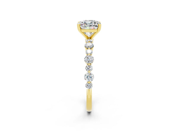 Yellow gold Cushion Cut Moissanite Prong Set Engagement Ring with Pavé Band