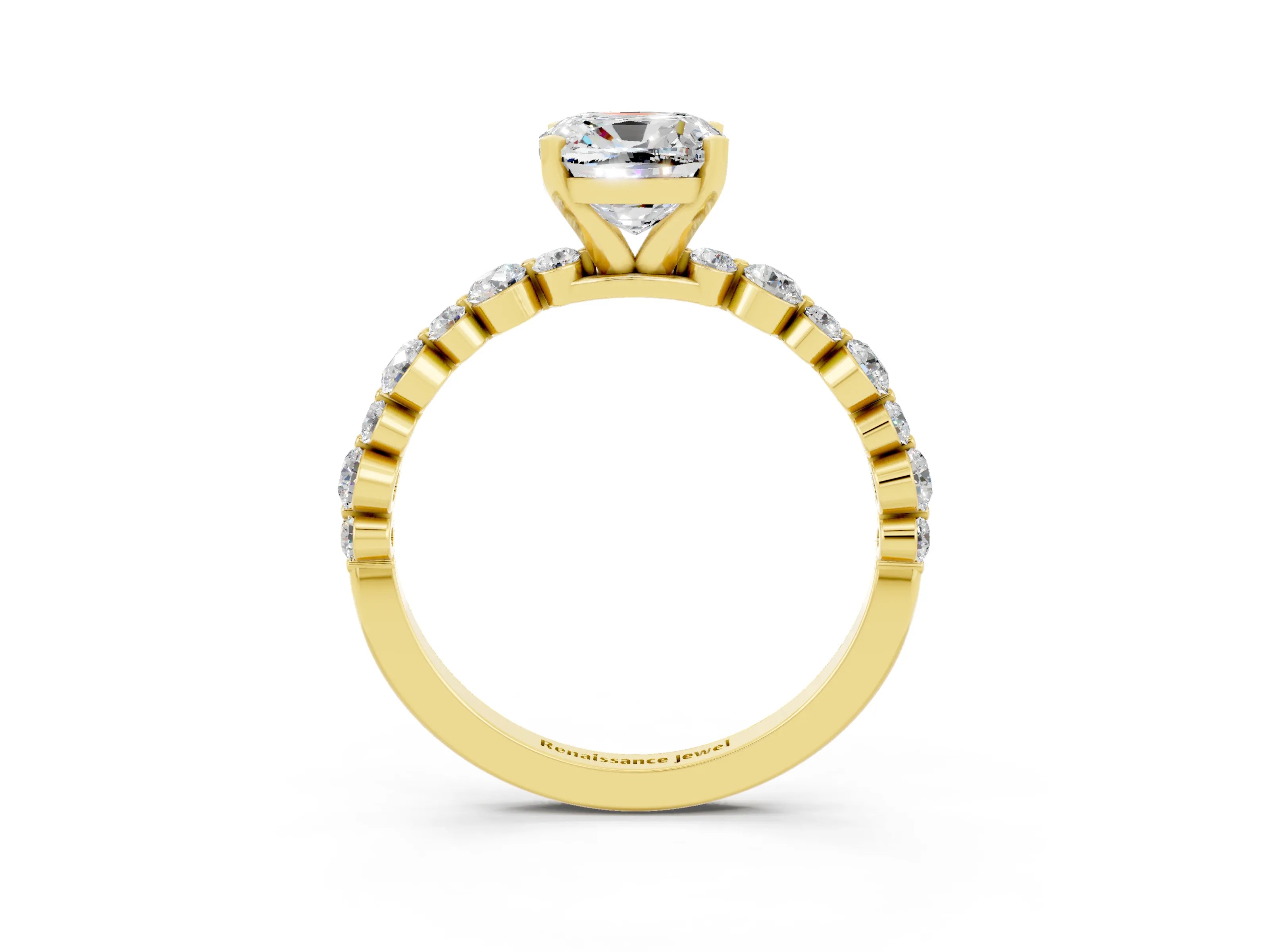 Yellow gold Cushion Cut Moissanite Prong Set Engagement Ring with Pavé Band_3