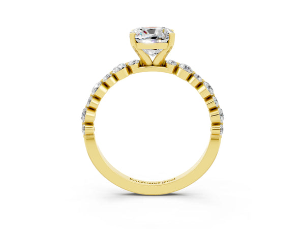 Yellow gold Cushion Cut Moissanite Prong Set Engagement Ring with Pavé Band