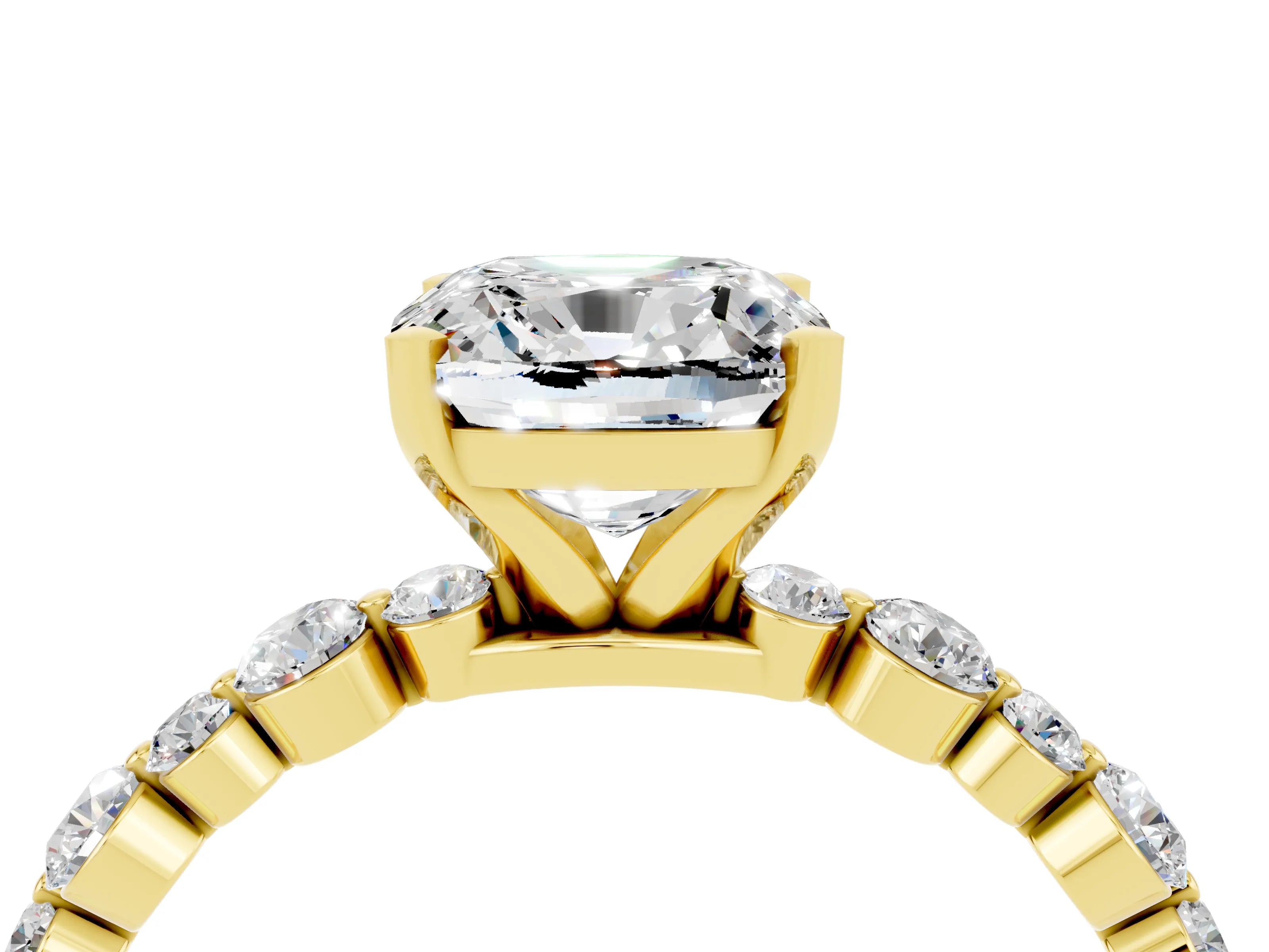 Yellow gold Cushion Cut Moissanite Prong Set Engagement Ring with Pavé Band_4