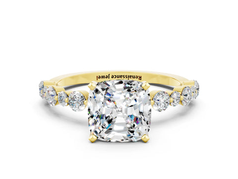 Yellow gold Cushion Cut Moissanite Prong Set Engagement Ring with Pavé Band