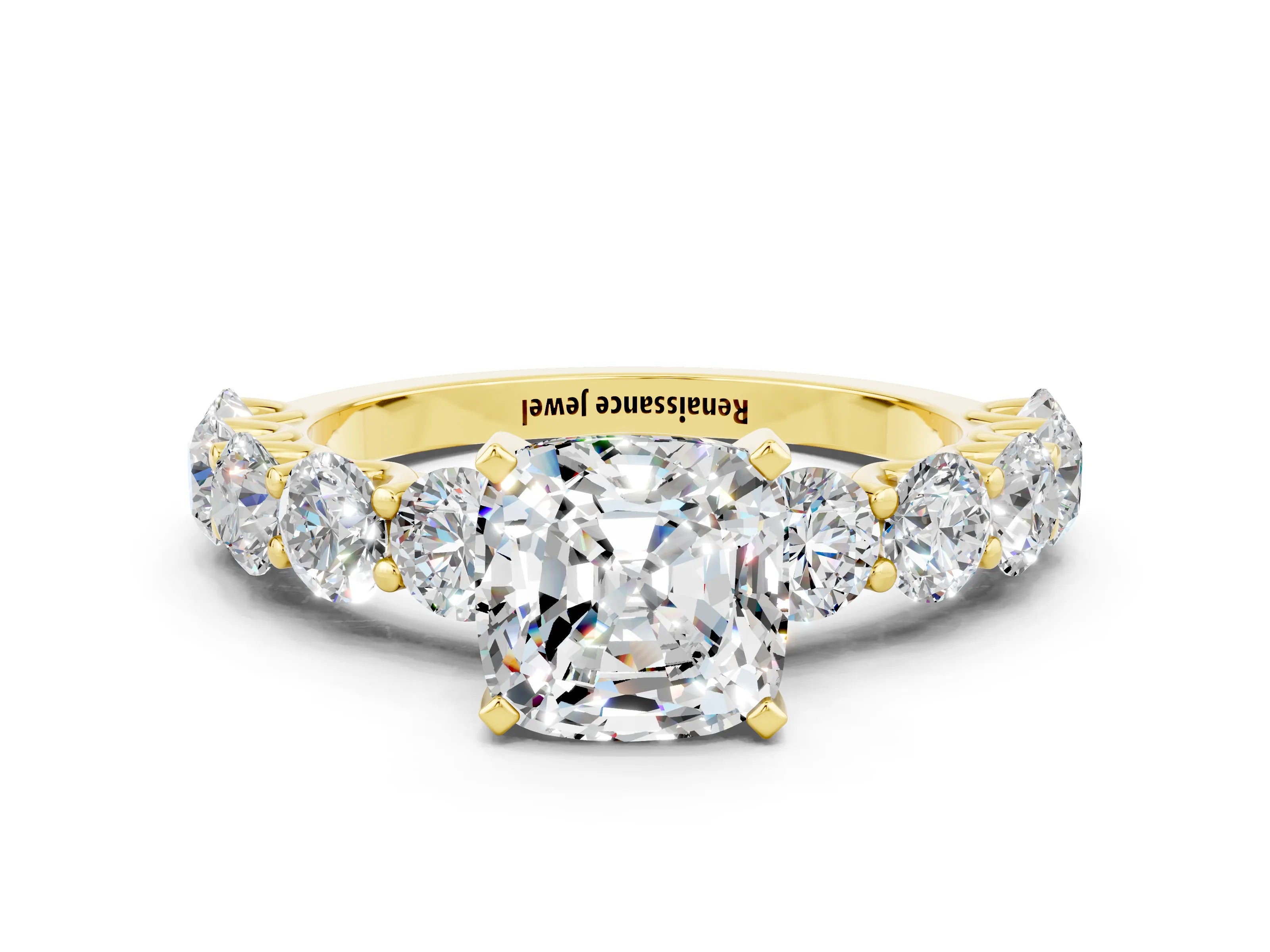 Yellow gold Cushion Cut Moissanite Prong Setting with Side Stones on a Pave Band