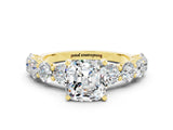 Yellow gold Cushion Cut Moissanite Prong Setting with Side Stones on a Pave Band