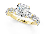Yellow gold Cushion Cut Moissanite Prong Setting with Side Stones on a Pave Band_1