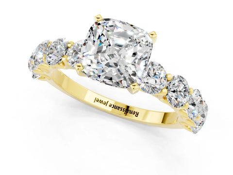 Yellow gold Cushion Cut Moissanite Prong Setting with Side Stones on a Pave Band_1