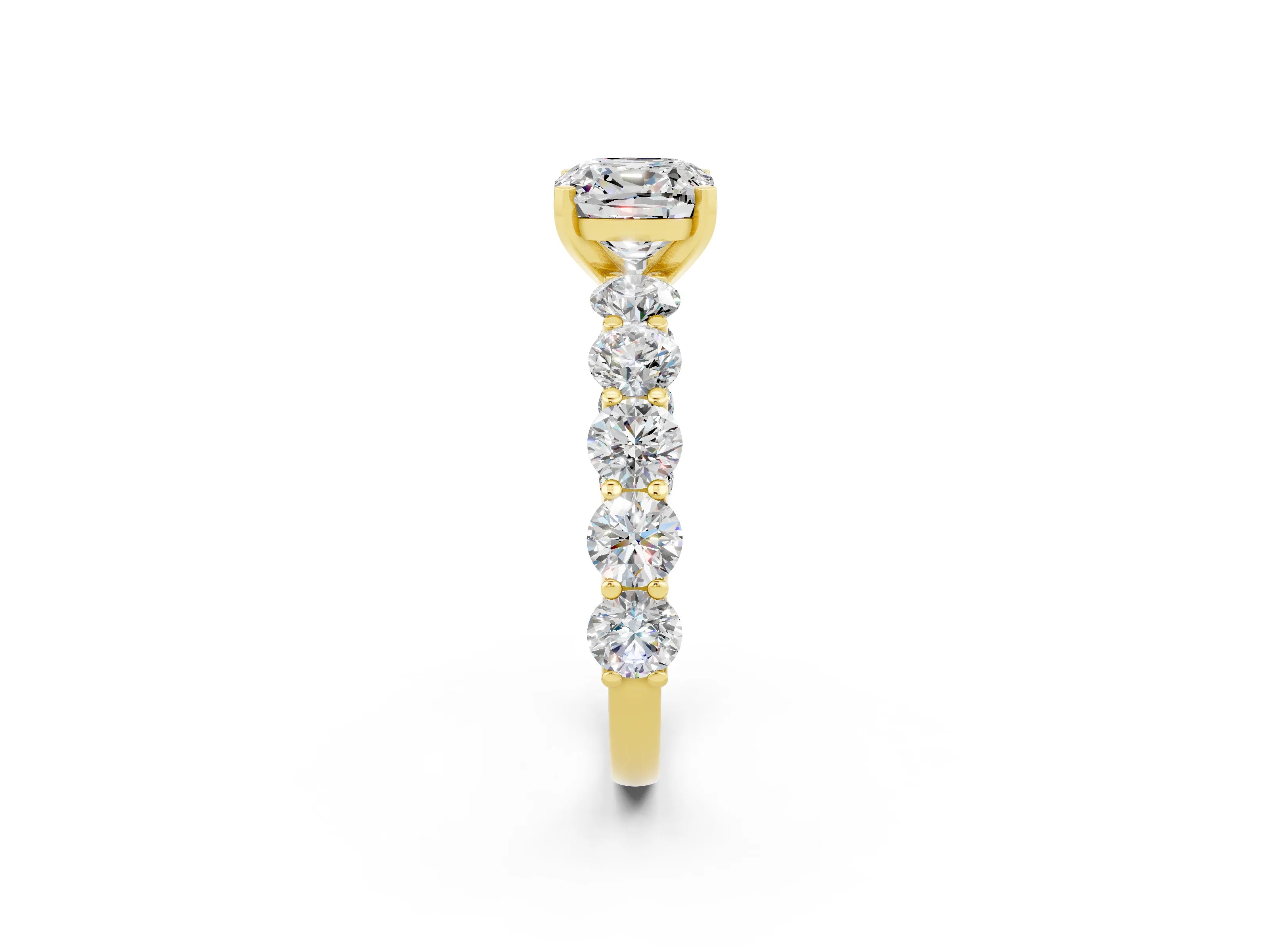 Yellow gold Cushion Cut Moissanite Prong Setting with Side Stones on a Pave Band_2