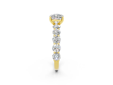 Yellow gold Cushion Cut Moissanite Prong Setting with Side Stones on a Pave Band_2