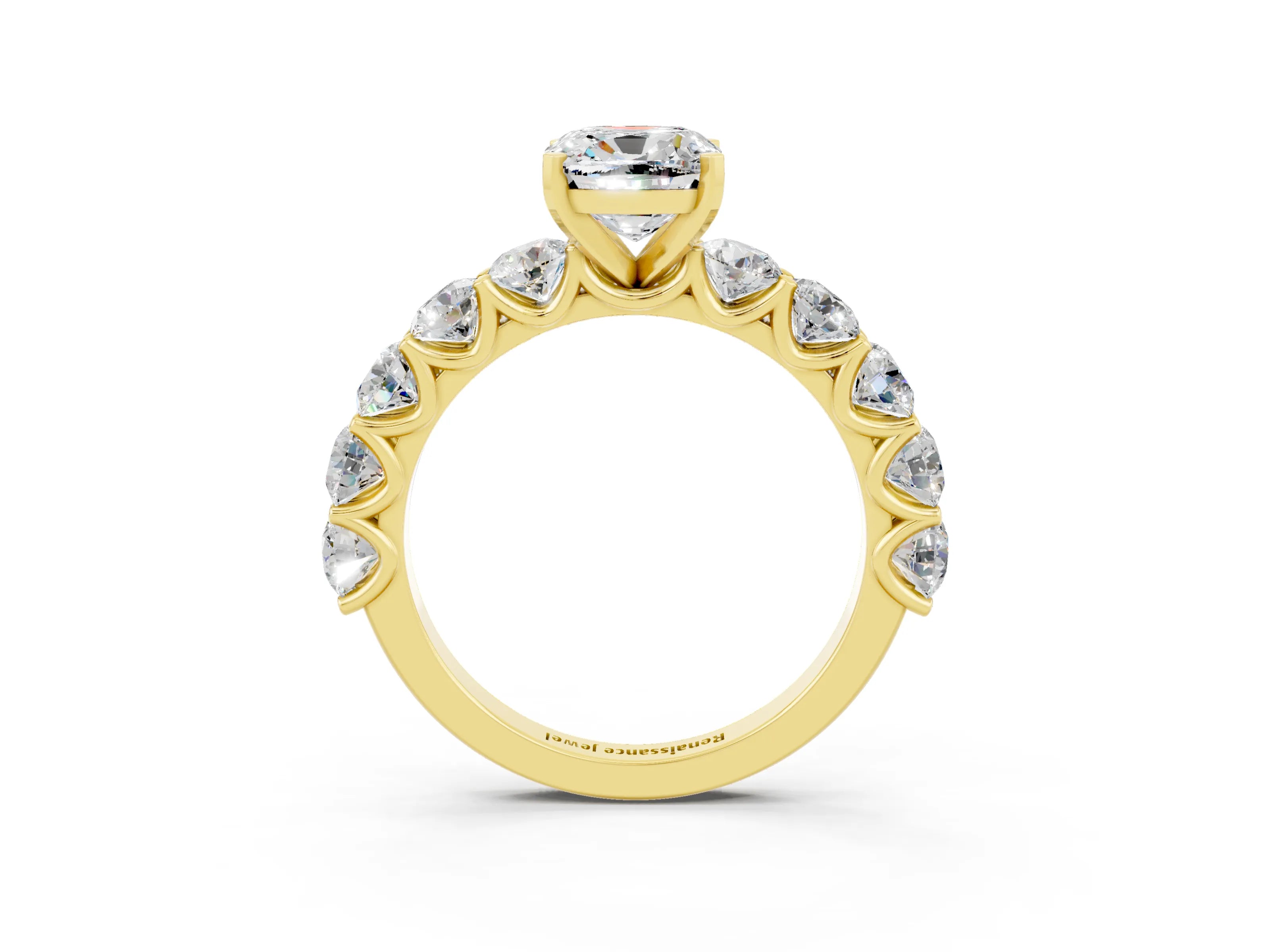 Yellow gold Cushion Cut Moissanite Prong Setting with Side Stones on a Pave Band_3