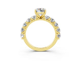 Yellow gold Cushion Cut Moissanite Prong Setting with Side Stones on a Pave Band_3