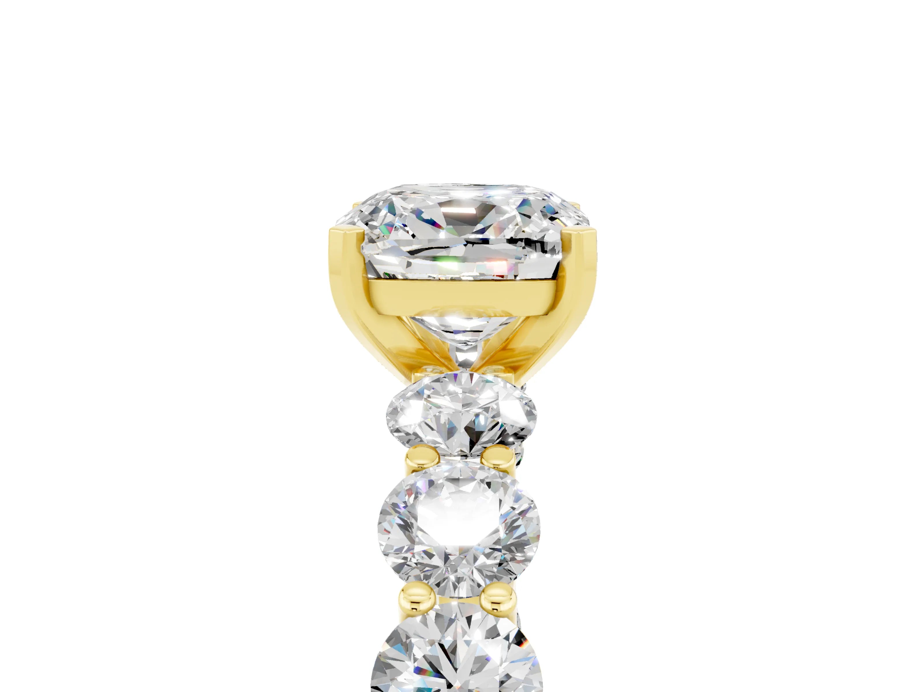 Yellow gold Cushion Cut Moissanite Prong Setting with Side Stones on a Pave Band_5