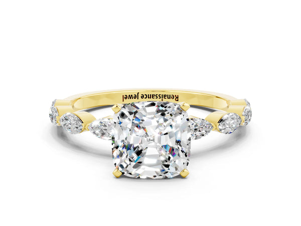 Yellow gold Cushion Cut Moissanite Ring with Marquise Side Stones and Prong Setting