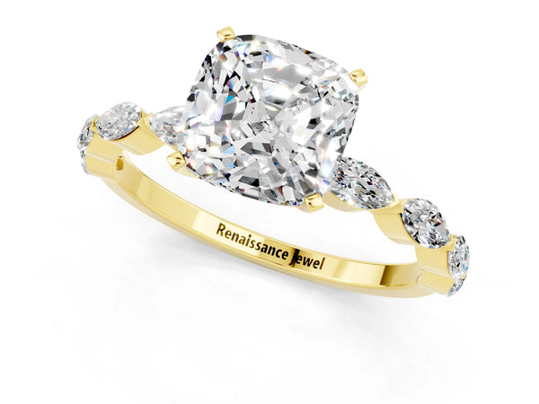 Yellow gold Cushion Cut Moissanite Ring with Marquise Side Stones and Prong Setting