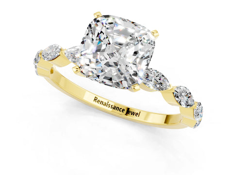 Yellow gold Cushion Cut Moissanite Ring with Marquise Side Stones and Prong Setting_1