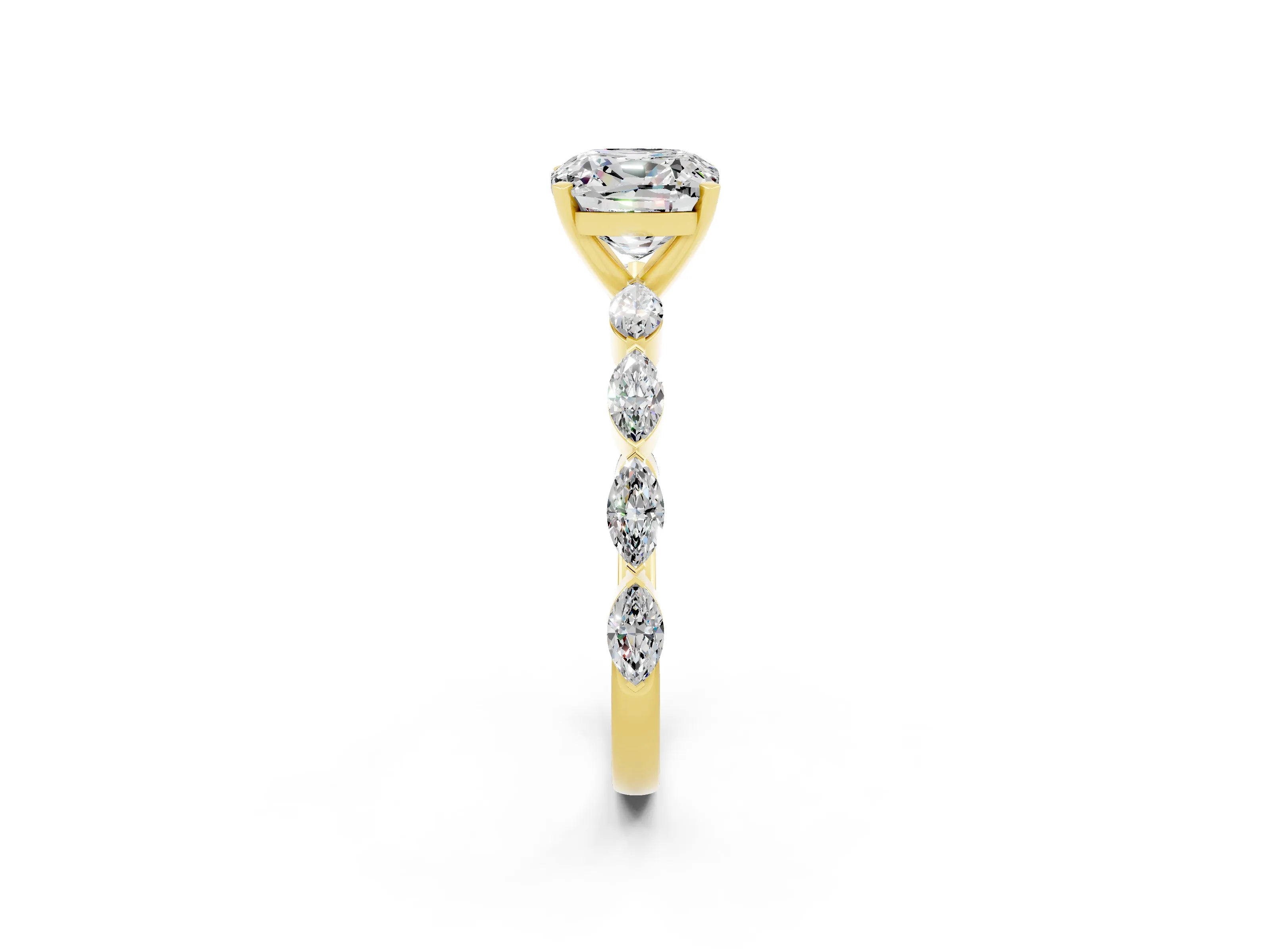 Yellow gold Cushion Cut Moissanite Ring with Marquise Side Stones and Prong Setting_2