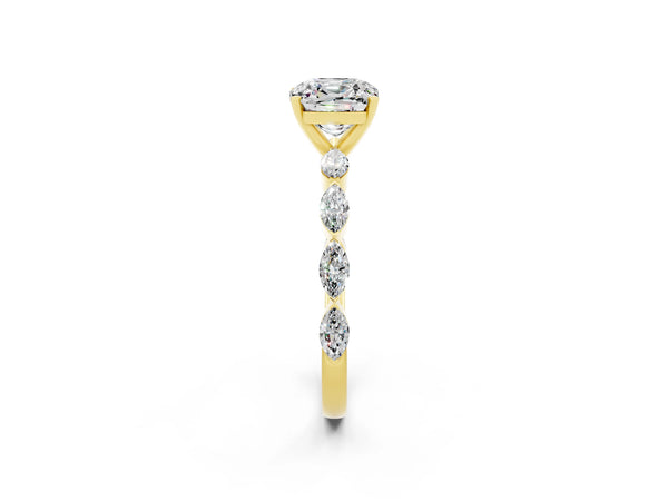 Yellow gold Cushion Cut Moissanite Ring with Marquise Side Stones and Prong Setting
