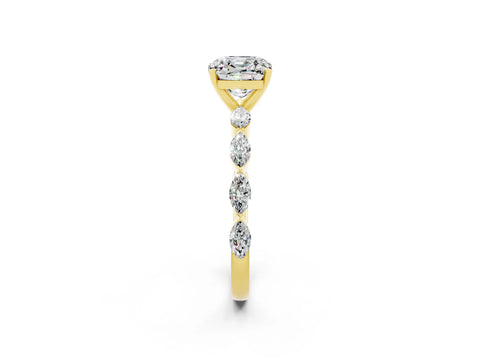 Yellow gold Cushion Cut Moissanite Ring with Marquise Side Stones and Prong Setting_2