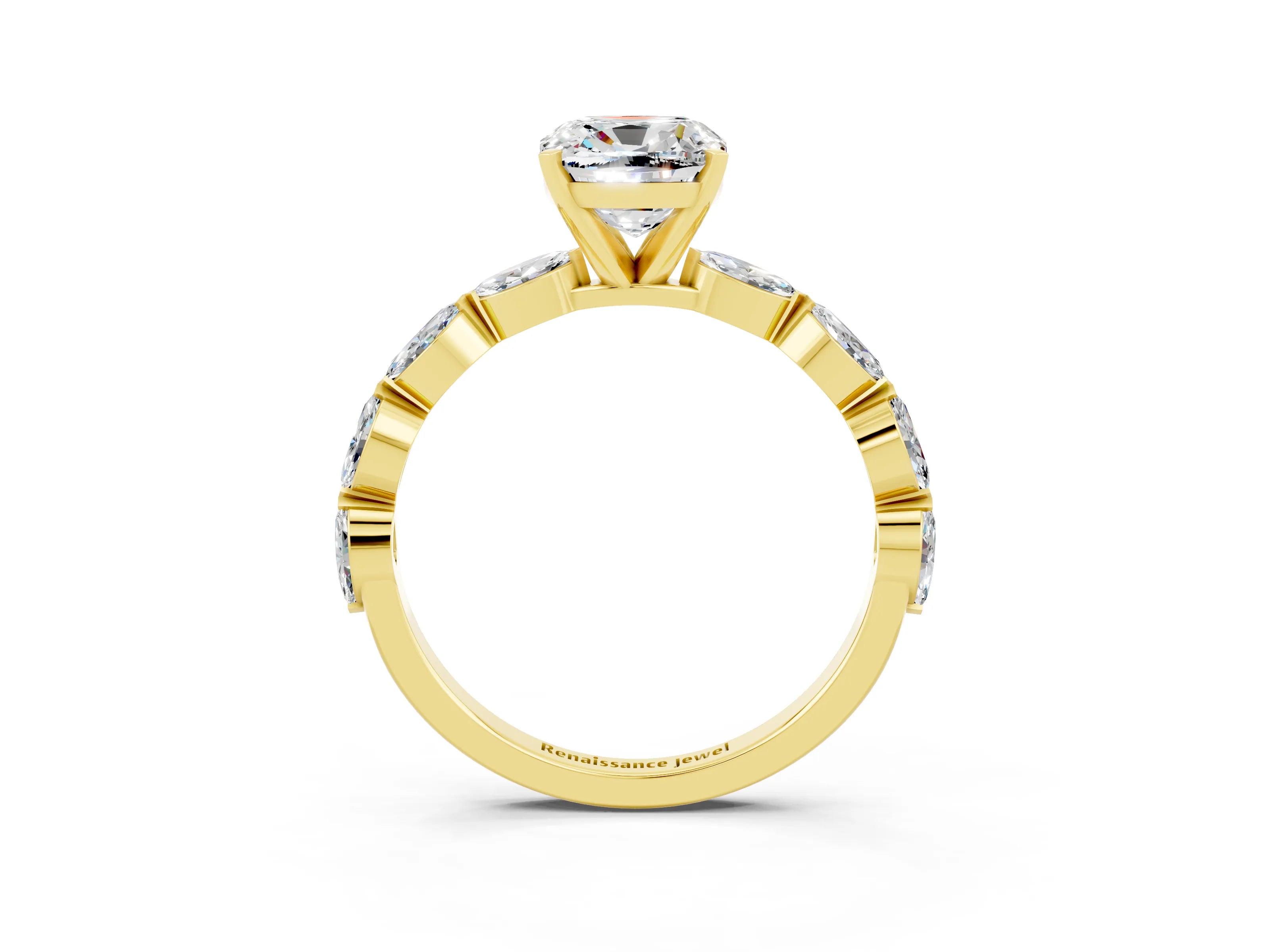 Yellow gold Cushion Cut Moissanite Ring with Marquise Side Stones and Prong Setting_3