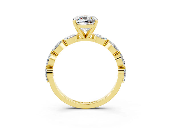 Yellow gold Cushion Cut Moissanite Ring with Marquise Side Stones and Prong Setting