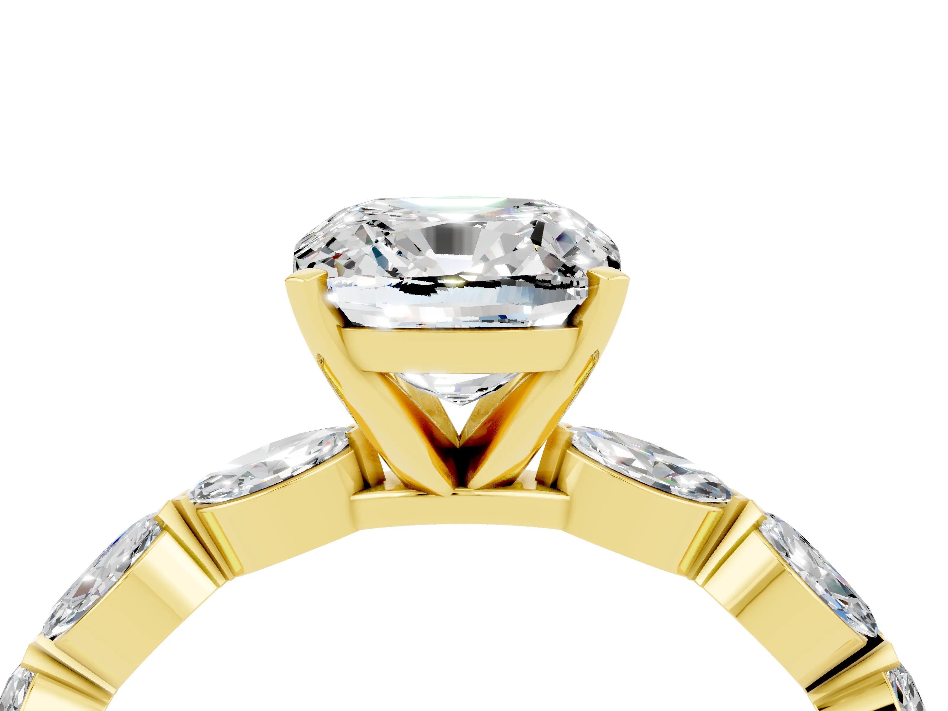 Yellow gold Cushion Cut Moissanite Ring with Marquise Side Stones and Prong Setting_4