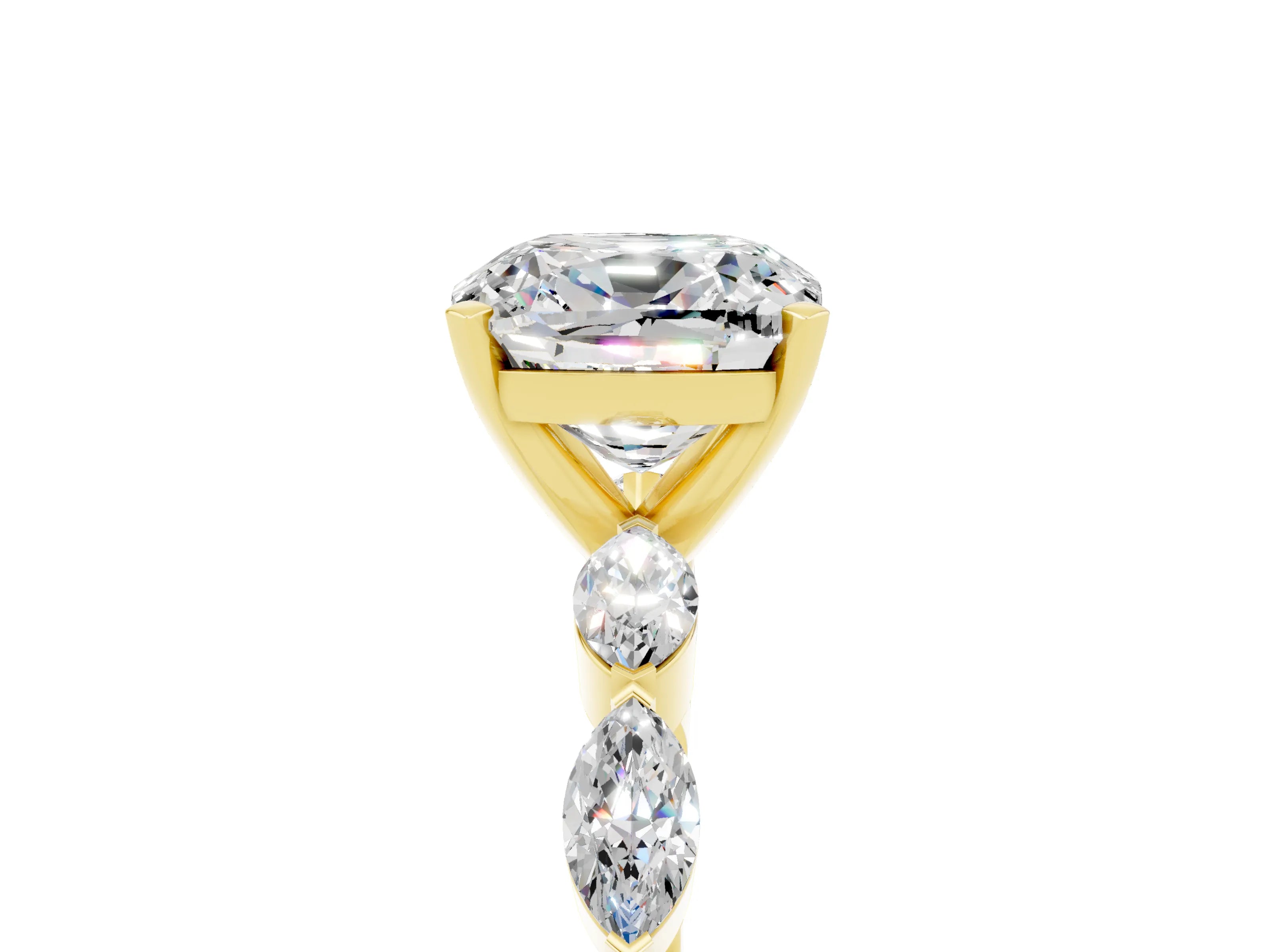 Yellow gold Cushion Cut Moissanite Ring with Marquise Side Stones and Prong Setting_5