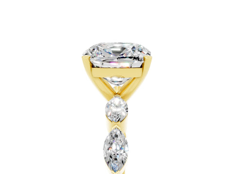 Yellow gold Cushion Cut Moissanite Ring with Marquise Side Stones and Prong Setting_5