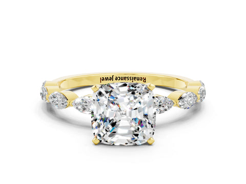 Yellow gold Cushion Cut Moissanite Ring with Marquise Side Stones and Prong Setting