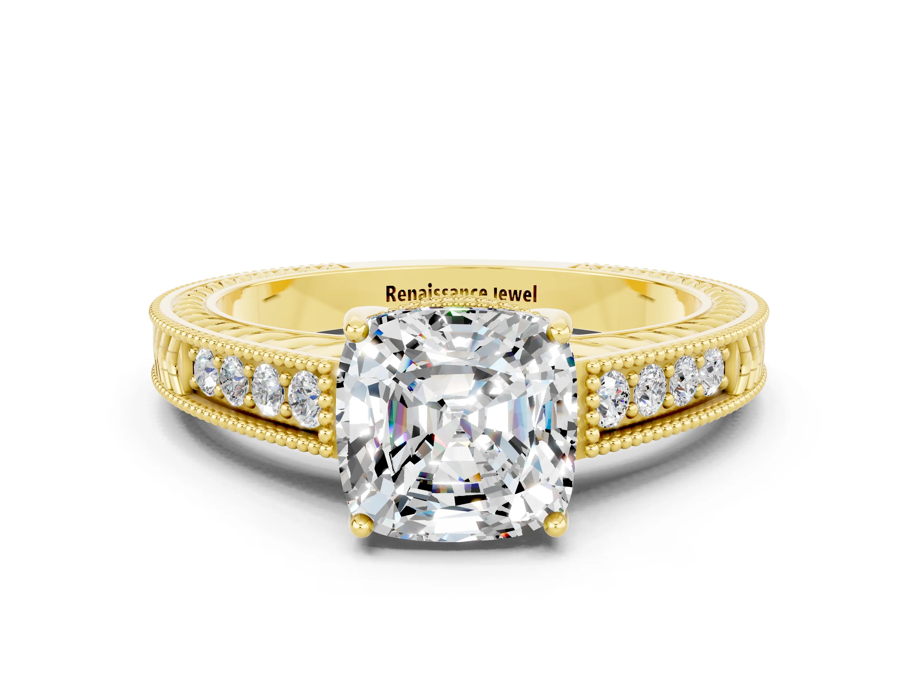 Yellow gold Cushion Cut Moissanite Ring with Milgrain Pavé Band and Four-Prong Setting_12