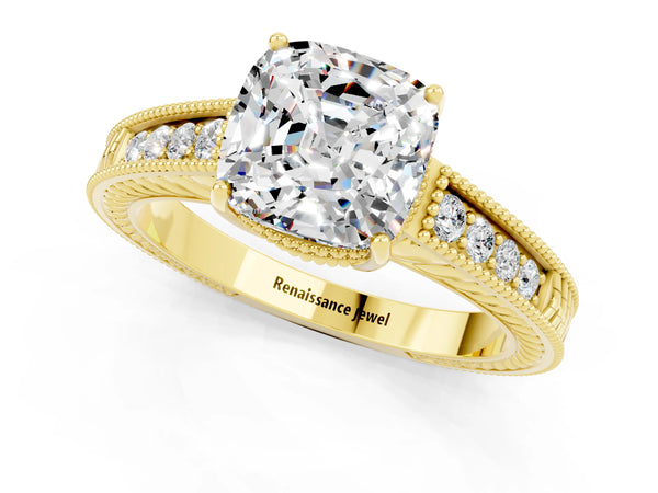 Yellow gold Cushion Cut Moissanite Ring with Milgrain Pavé Band and Four-Prong Setting
