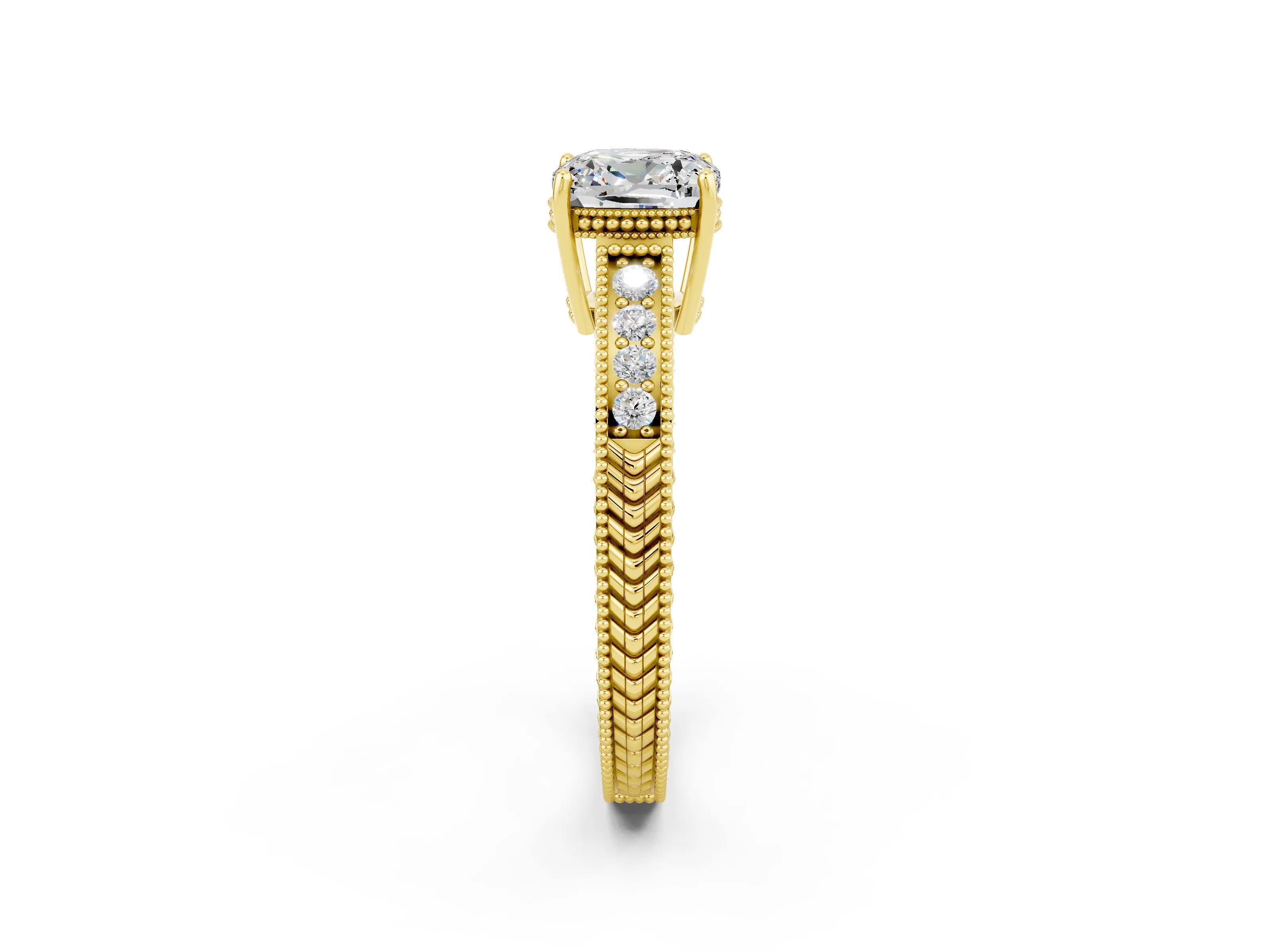 Yellow gold Cushion Cut Moissanite Ring with Milgrain Pavé Band and Four-Prong Setting_14