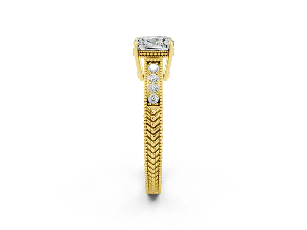 Yellow gold Cushion Cut Moissanite Ring with Milgrain Pavé Band and Four-Prong Setting