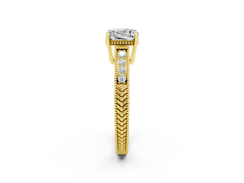 Yellow gold Cushion Cut Moissanite Ring with Milgrain Pavé Band and Four-Prong Setting_14