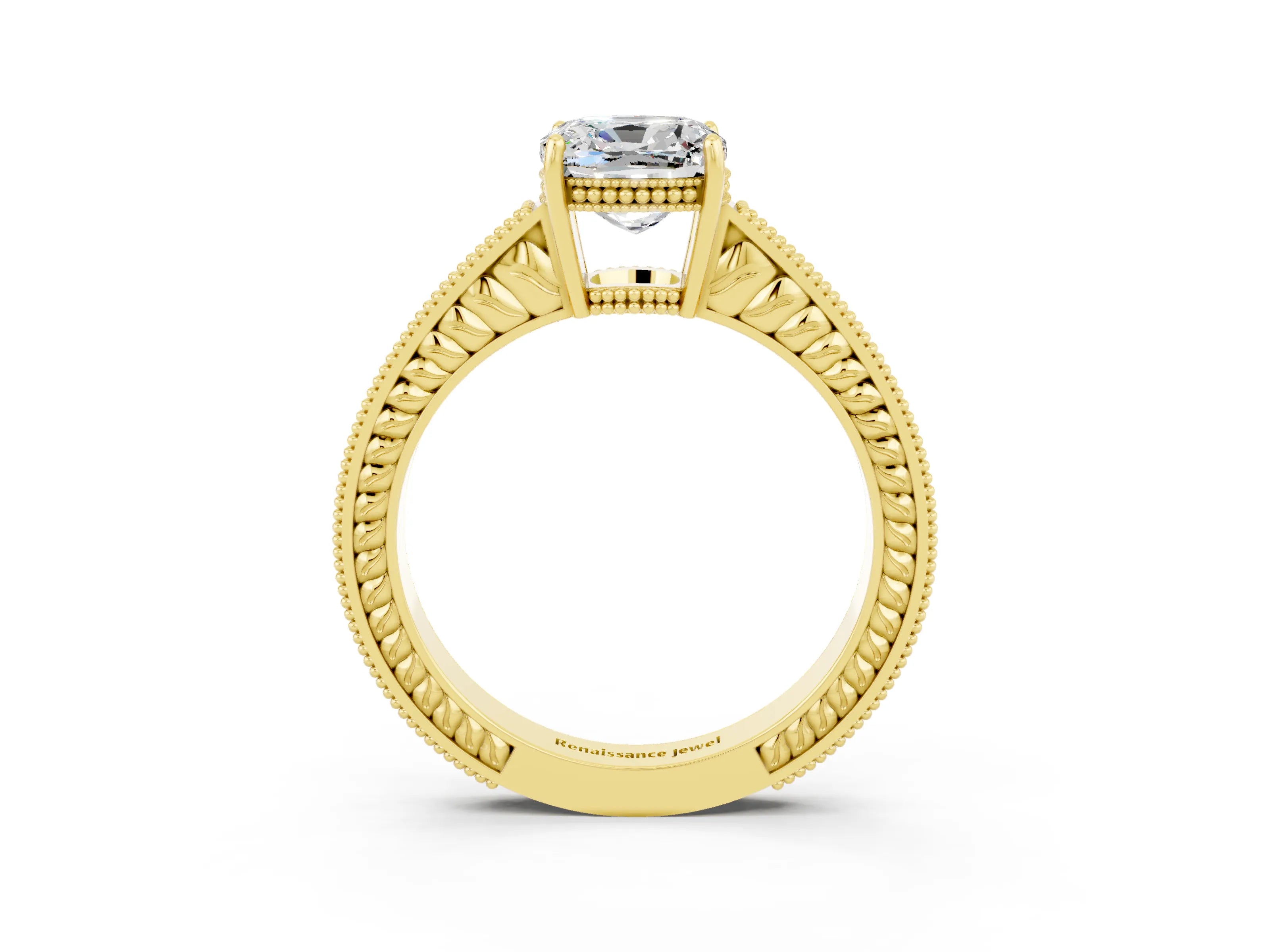 Yellow gold Cushion Cut Moissanite Ring with Milgrain Pavé Band and Four-Prong Setting_15
