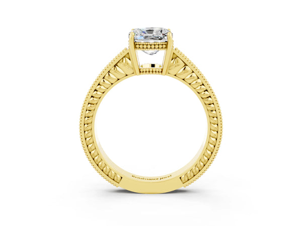 Yellow gold Cushion Cut Moissanite Ring with Milgrain Pavé Band and Four-Prong Setting