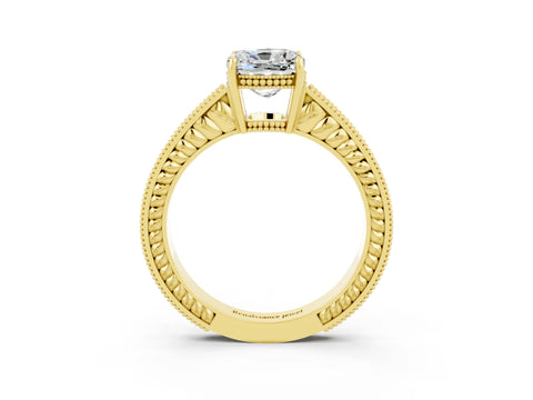 Yellow gold Cushion Cut Moissanite Ring with Milgrain Pavé Band and Four-Prong Setting_15