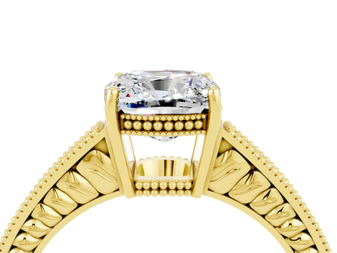 Yellow gold Cushion Cut Moissanite Ring with Milgrain Pavé Band and Four-Prong Setting_16