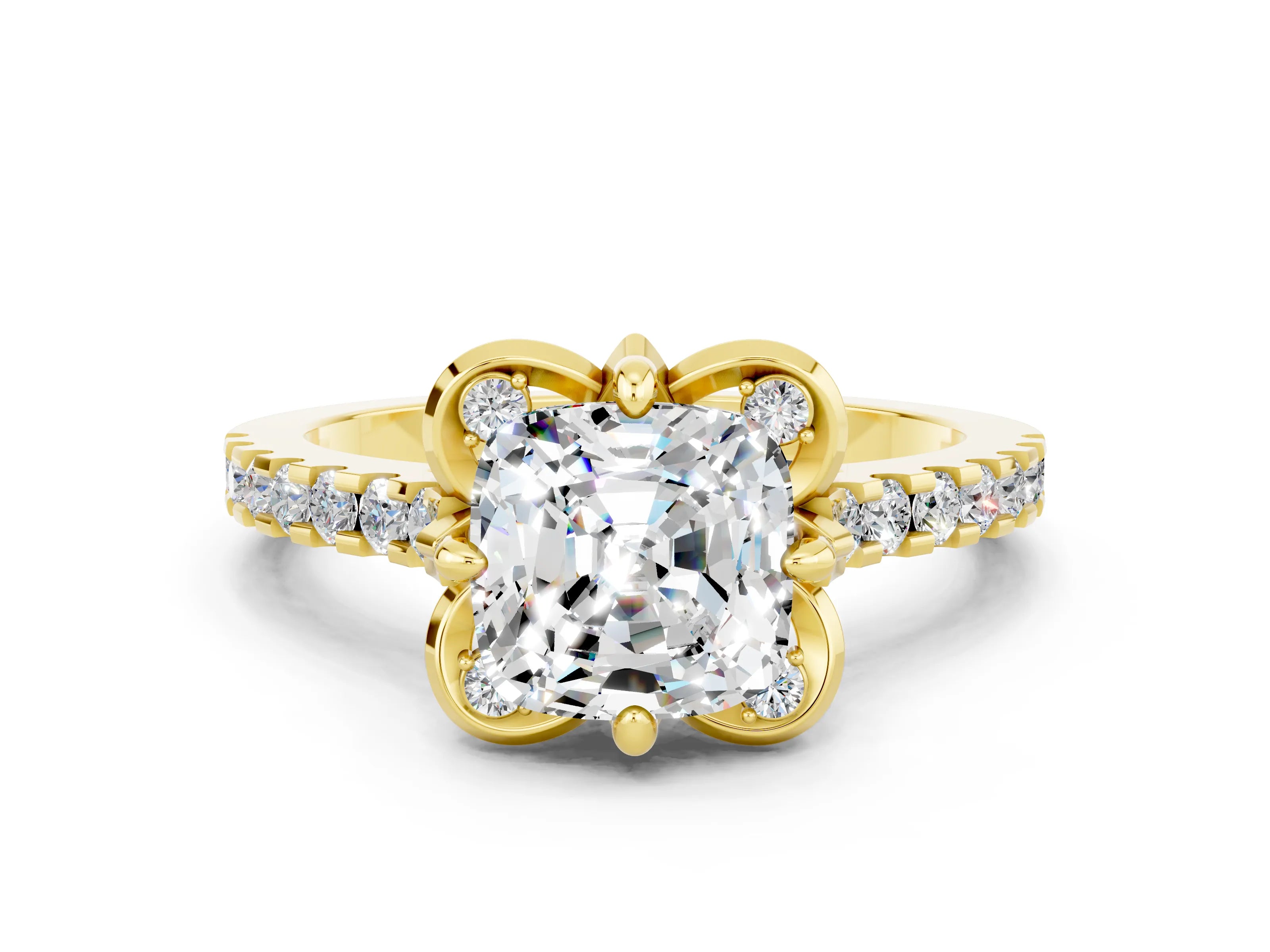 Yellow gold Cushion Cut Moissanite Ring with Pavé Band and Floral Prong Setting