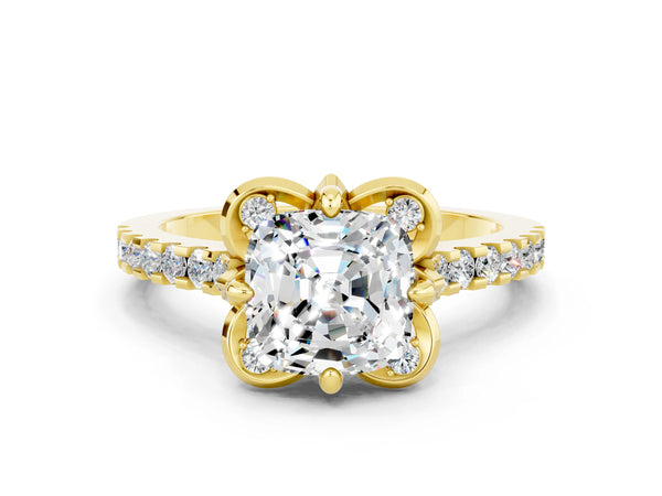 Yellow gold Cushion Cut Moissanite Ring with Pavé Band and Floral Prong Setting