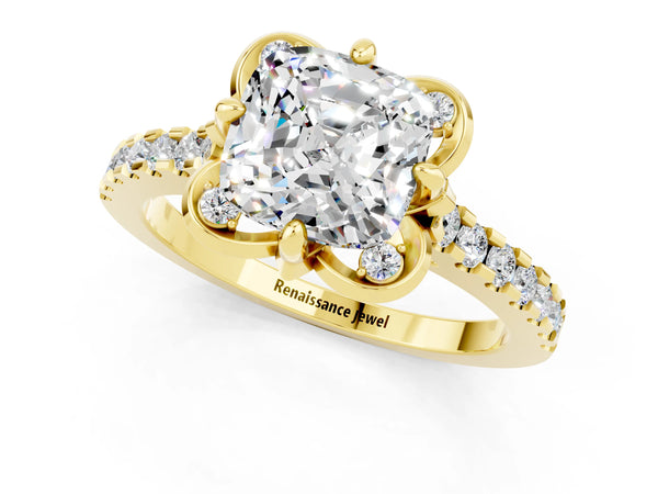 Yellow gold Cushion Cut Moissanite Ring with Pavé Band and Floral Prong Setting