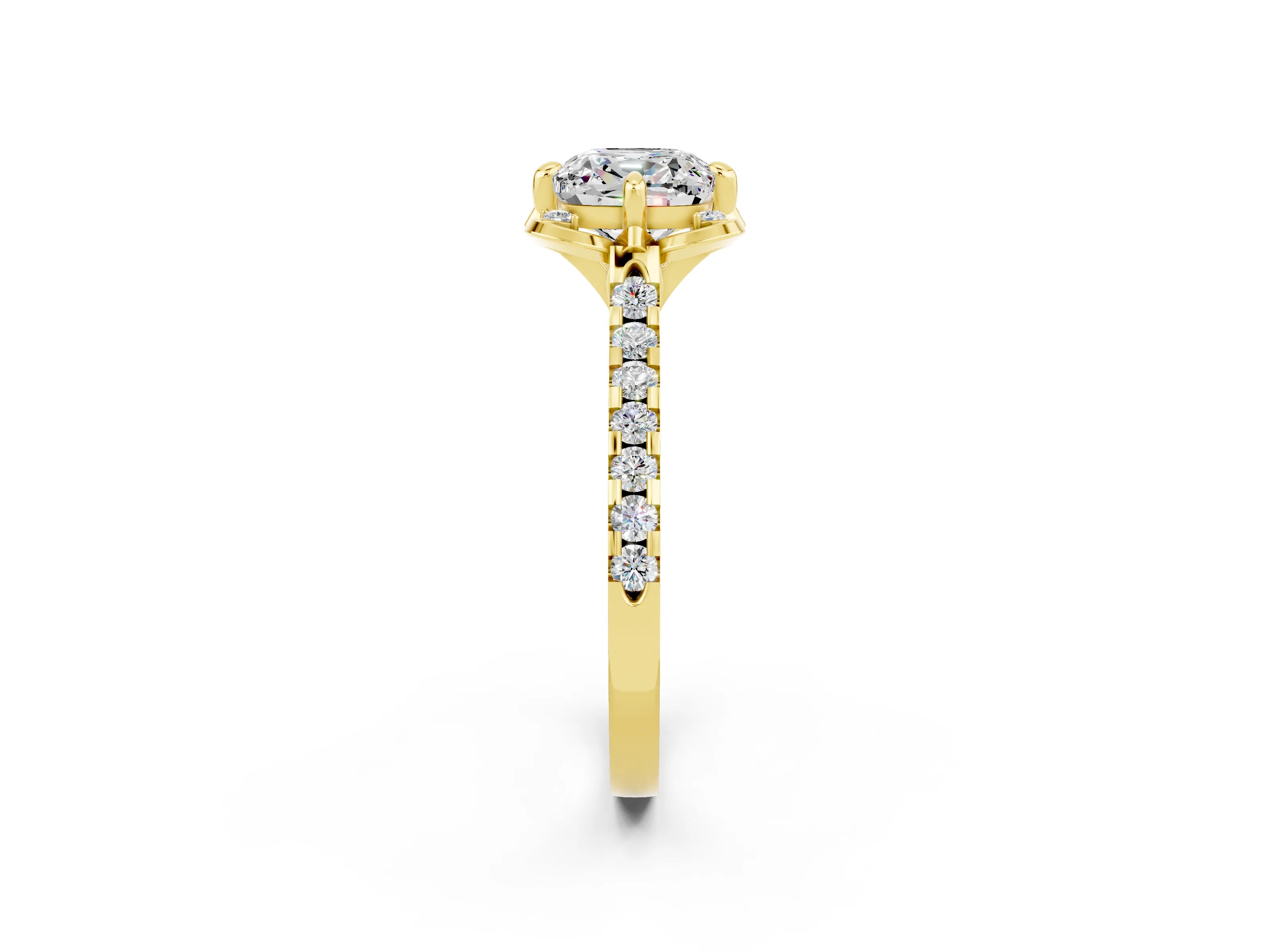 Yellow gold Cushion Cut Moissanite Ring with Pavé Band and Floral Prong Setting_2