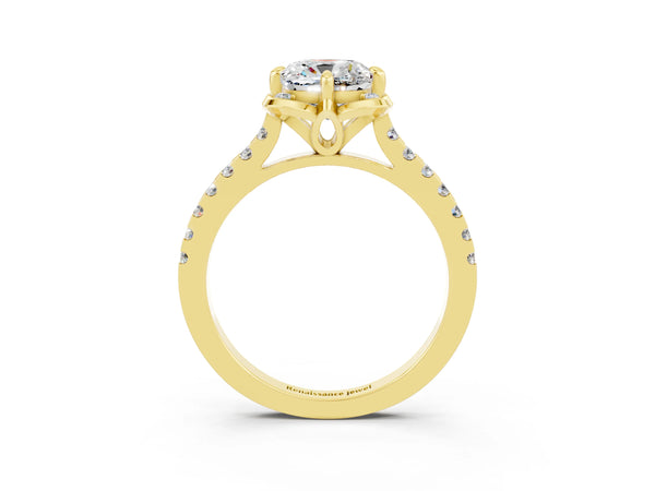 Yellow gold Cushion Cut Moissanite Ring with Pavé Band and Floral Prong Setting