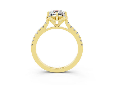 Yellow gold Cushion Cut Moissanite Ring with Pavé Band and Floral Prong Setting_3