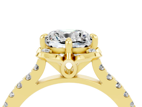 Yellow gold Cushion Cut Moissanite Ring with Pavé Band and Floral Prong Setting_4