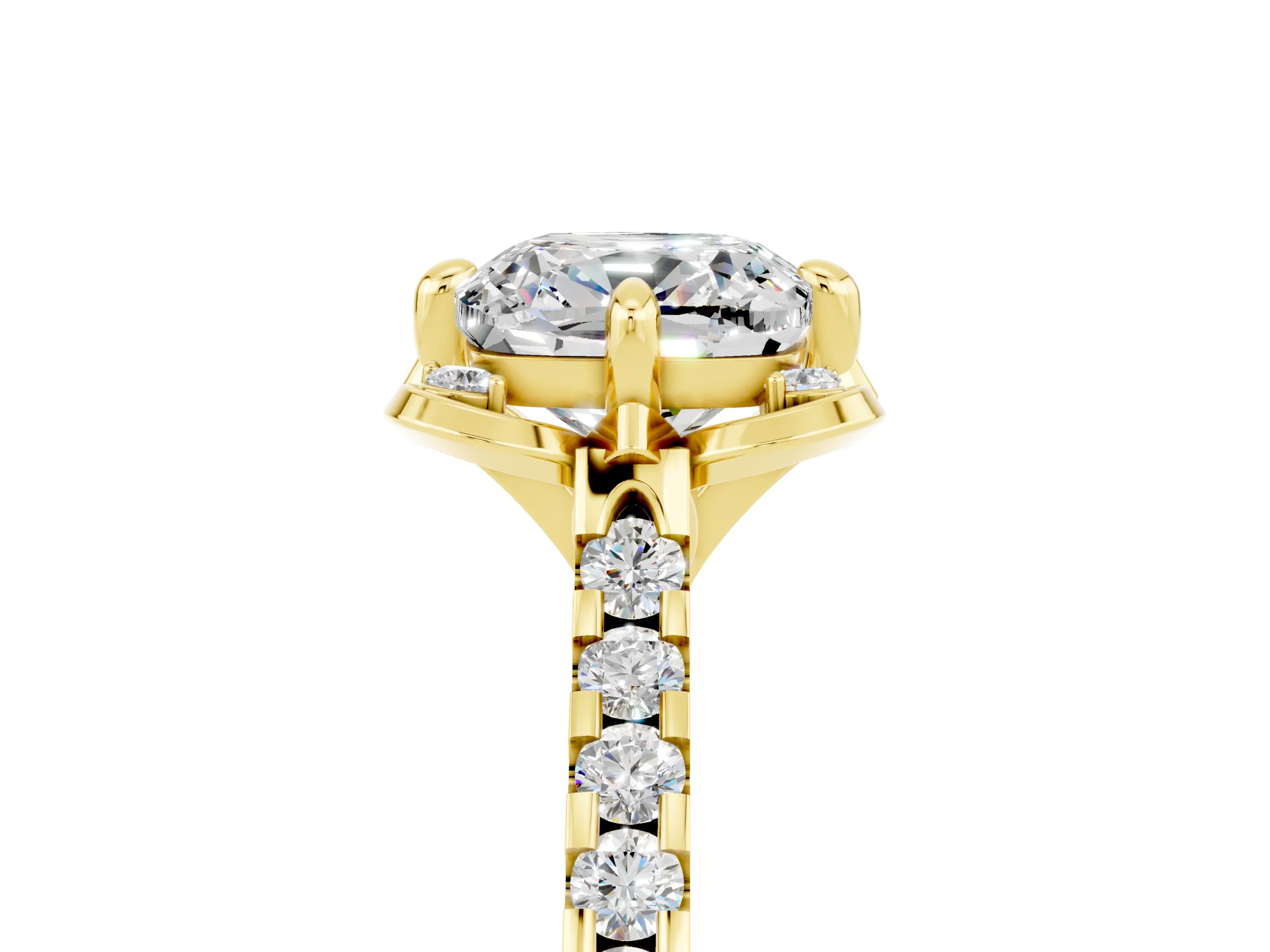 Yellow gold Cushion Cut Moissanite Ring with Pavé Band and Floral Prong Setting_5