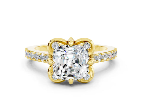 Yellow gold Cushion Cut Moissanite Ring with Pavé Band and Floral Prong Setting